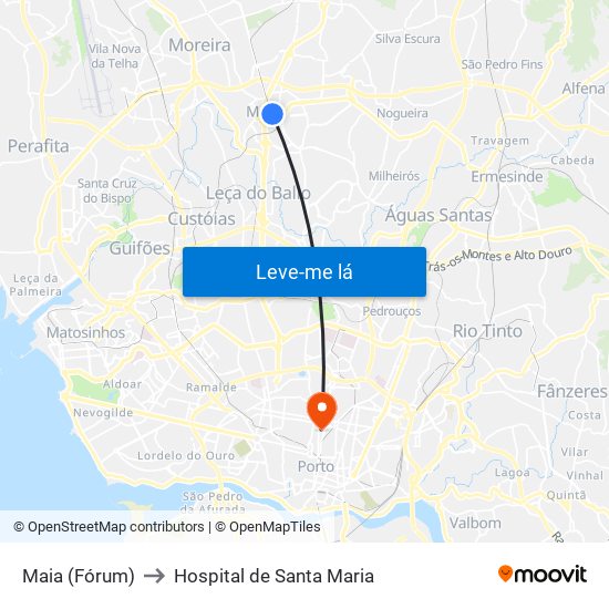 Maia (Fórum) to Hospital de Santa Maria map
