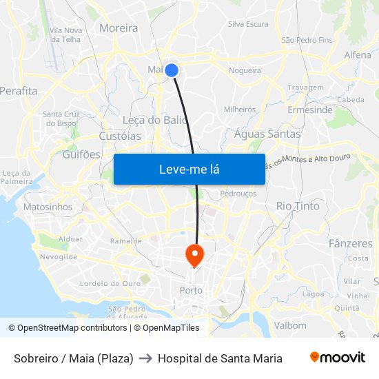 Sobreiro / Maia (Plaza) to Hospital de Santa Maria map