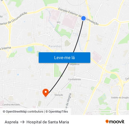 Asprela to Hospital de Santa Maria map