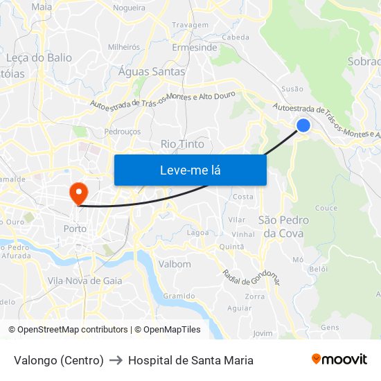 Valongo (Centro) to Hospital de Santa Maria map
