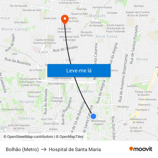 Bolhão (Metro) to Hospital de Santa Maria map