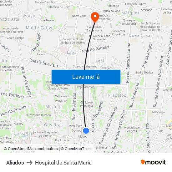 Aliados to Hospital de Santa Maria map