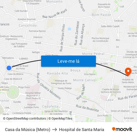 Casa da Música (Metro) to Hospital de Santa Maria map