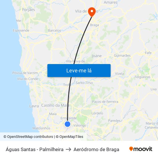 Águas Santas - Palmilheira to Aeródromo de Braga map