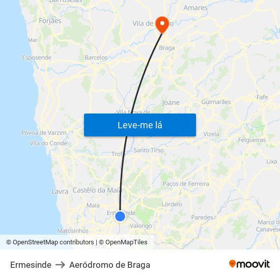 Ermesinde to Aeródromo de Braga map