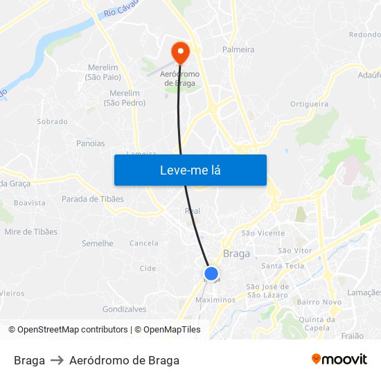 Braga to Aeródromo de Braga map