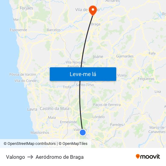 Valongo to Aeródromo de Braga map
