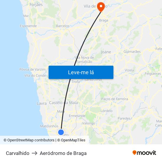 Carvalhido to Aeródromo de Braga map