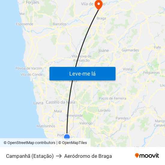 Campanhã (Estação) to Aeródromo de Braga map