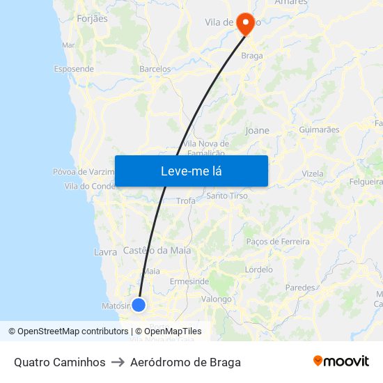 Quatro Caminhos to Aeródromo de Braga map