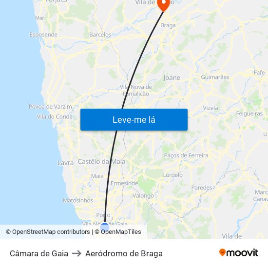 Câmara de Gaia to Aeródromo de Braga map