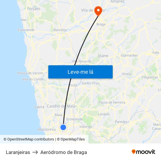Laranjeiras to Aeródromo de Braga map