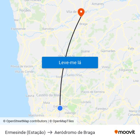 Ermesinde (Estação) to Aeródromo de Braga map