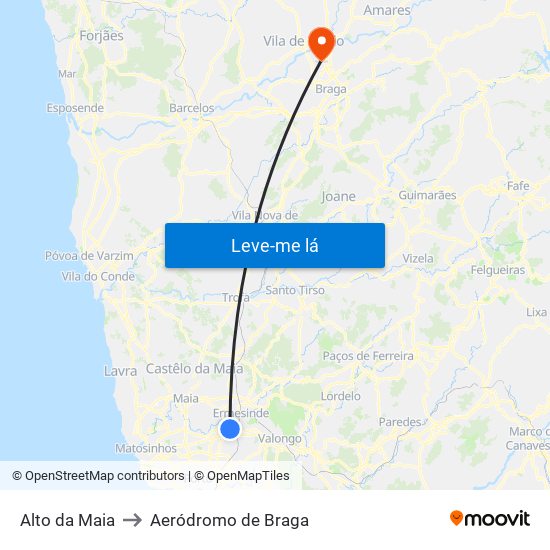Alto da Maia to Aeródromo de Braga map