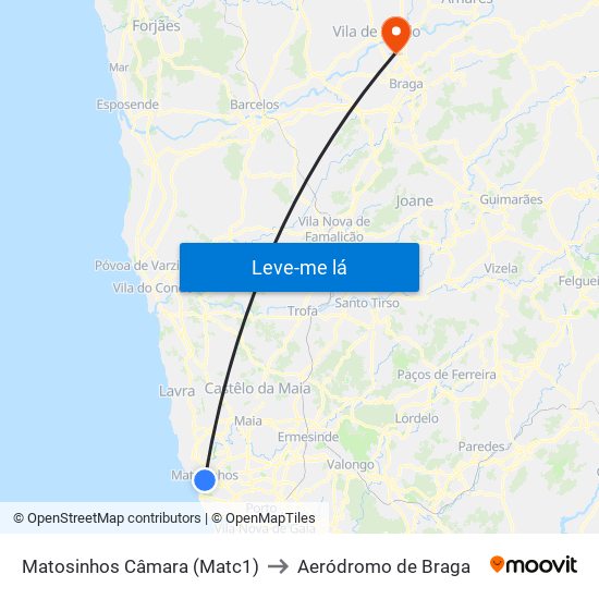 Matosinhos Câmara (Matc1) to Aeródromo de Braga map