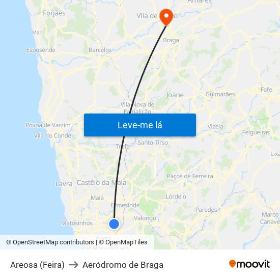 Areosa (Feira) to Aeródromo de Braga map