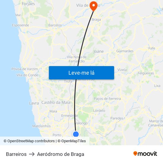 Barreiros to Aeródromo de Braga map