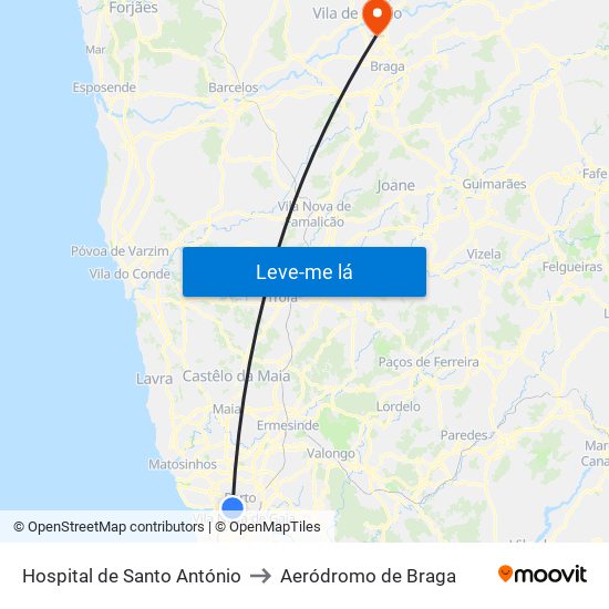 Hospital de Santo António to Aeródromo de Braga map