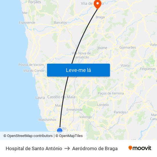 Hospital de Santo António to Aeródromo de Braga map