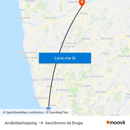 Arrábidashopping to Aeródromo de Braga map