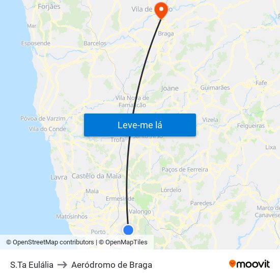 S.Ta Eulália to Aeródromo de Braga map