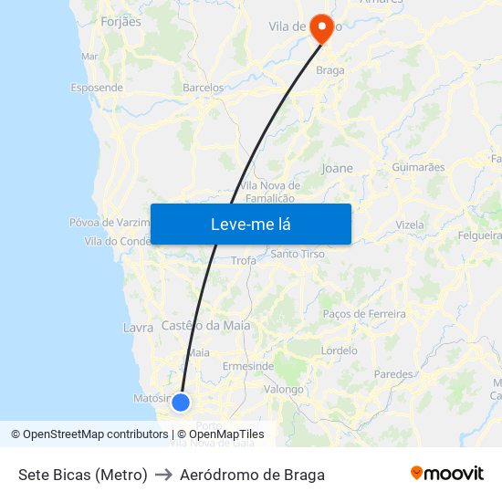 Sete Bicas (Metro) to Aeródromo de Braga map