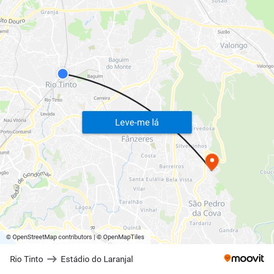 Rio Tinto to Estádio do Laranjal map