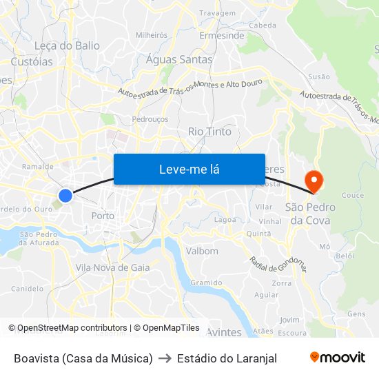 Boavista (Casa da Música) to Estádio do Laranjal map