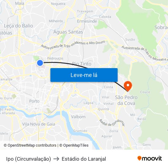 Ipo (Circunvalação) to Estádio do Laranjal map