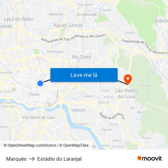 Marquês to Estádio do Laranjal map