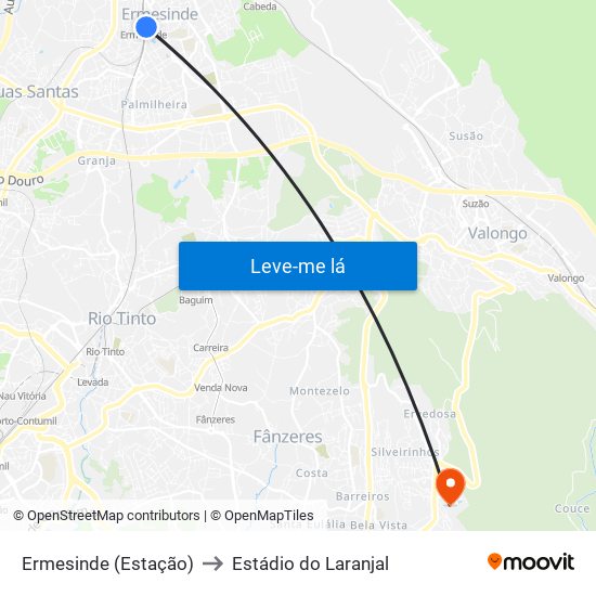 Ermesinde (Estação) to Estádio do Laranjal map
