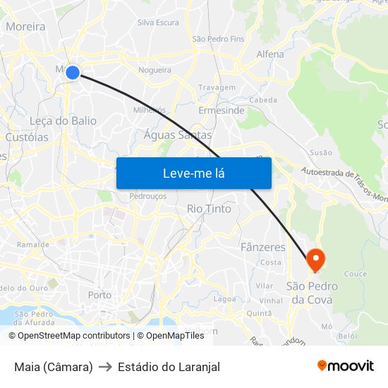 Maia (Câmara) to Estádio do Laranjal map