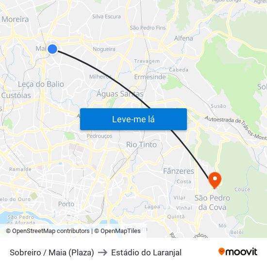 Sobreiro / Maia (Plaza) to Estádio do Laranjal map