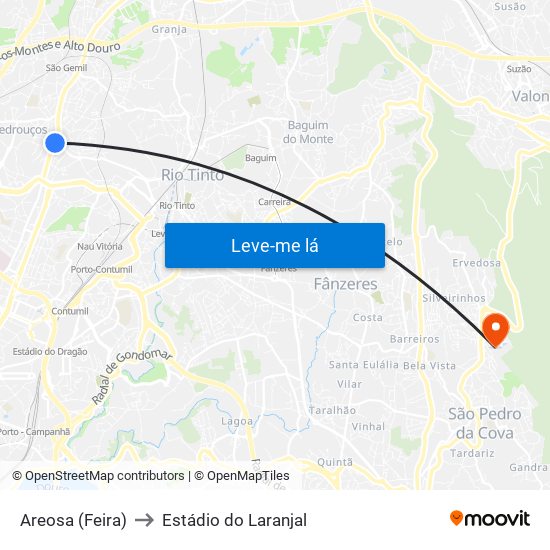 Areosa (Feira) to Estádio do Laranjal map