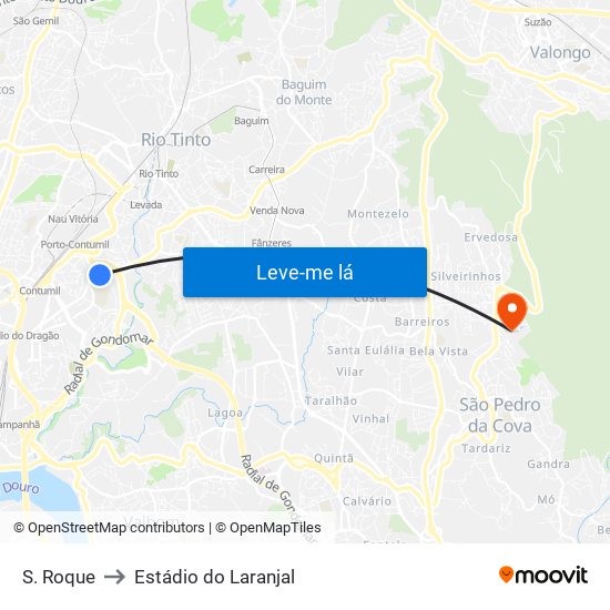 S. Roque to Estádio do Laranjal map