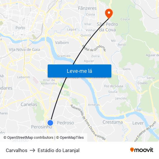 Carvalhos to Estádio do Laranjal map