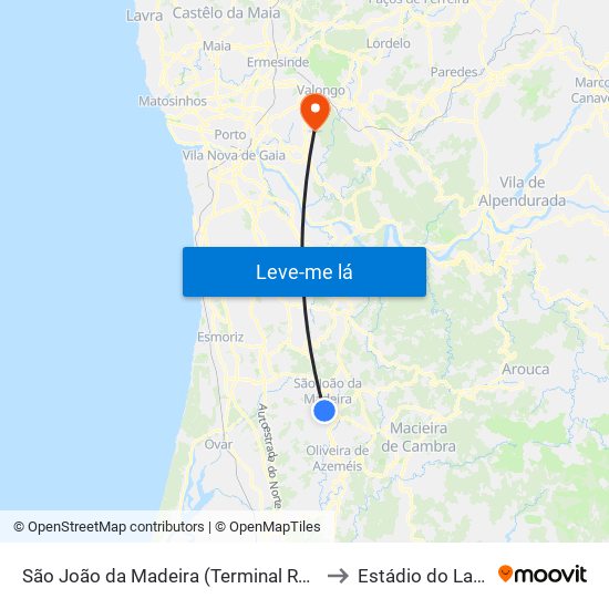 São João da Madeira (Terminal Rodoviário) to Estádio do Laranjal map