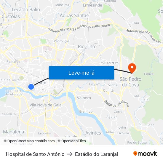 Hospital de Santo António to Estádio do Laranjal map