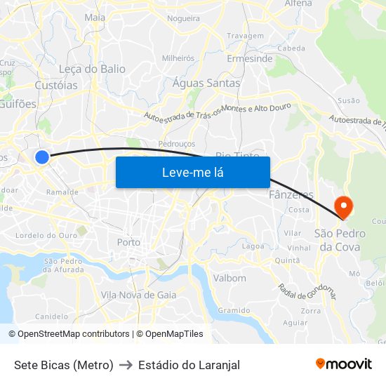 Sete Bicas (Metro) to Estádio do Laranjal map