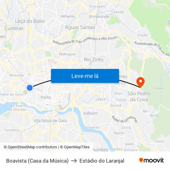 Boavista (Casa da Música) to Estádio do Laranjal map