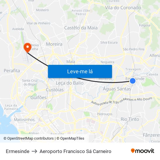 Ermesinde to Aeroporto Francisco Sá Carneiro map