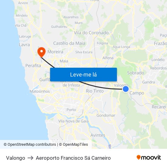 Valongo to Aeroporto Francisco Sá Carneiro map