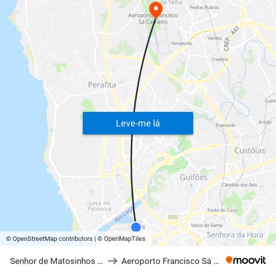 Senhor de Matosinhos (Metro) to Aeroporto Francisco Sá Carneiro map