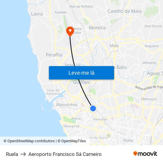 Ruela to Aeroporto Francisco Sá Carneiro map