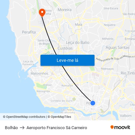 Bolhão to Aeroporto Francisco Sá Carneiro map