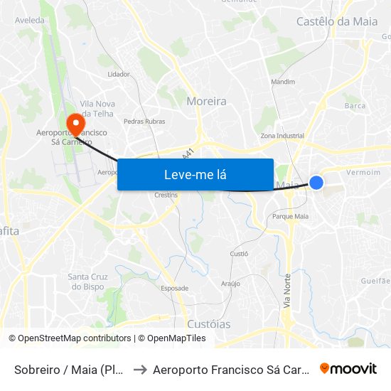 Sobreiro / Maia (Plaza) to Aeroporto Francisco Sá Carneiro map