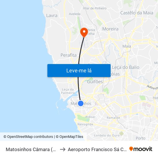 Matosinhos Câmara (Matc1) to Aeroporto Francisco Sá Carneiro map