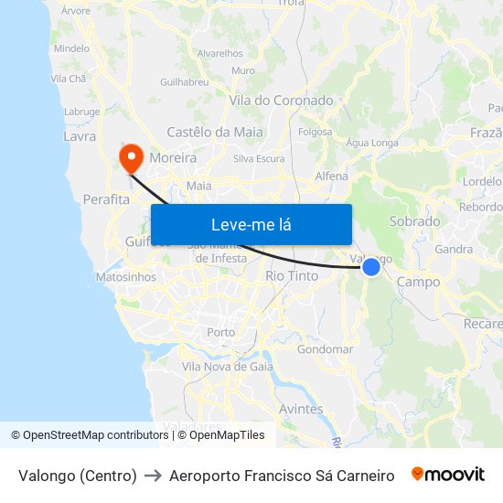 Valongo (Centro) to Aeroporto Francisco Sá Carneiro map