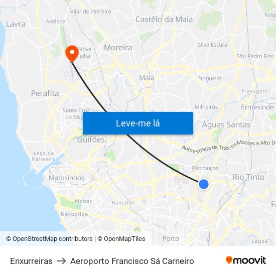 Enxurreiras to Aeroporto Francisco Sá Carneiro map