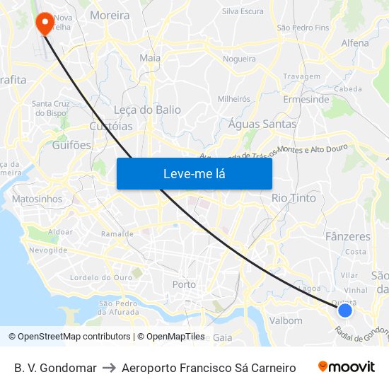 B. V. Gondomar to Aeroporto Francisco Sá Carneiro map